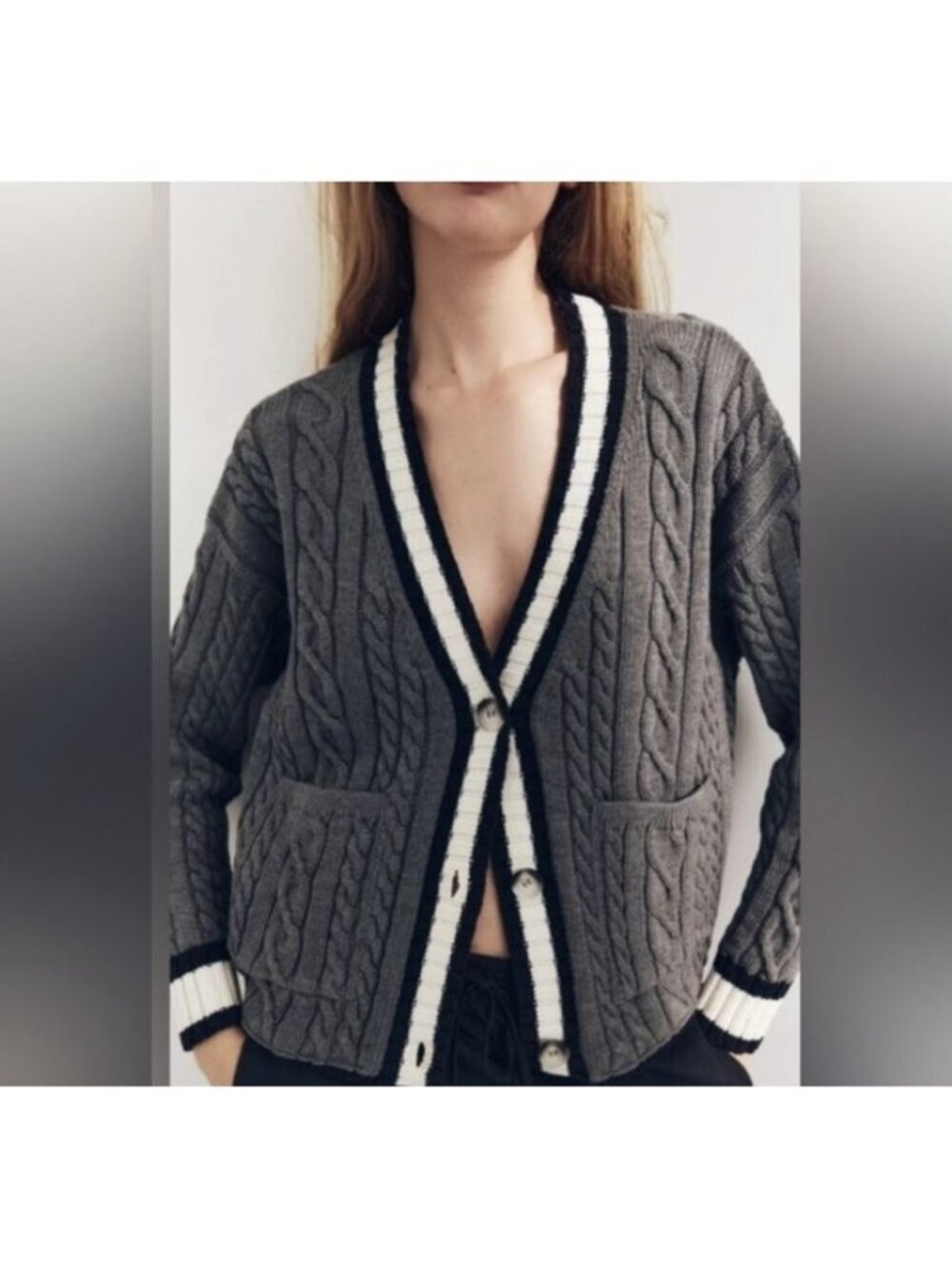 Zara Cardigan Womens Grey VNeck Button Long Sleeve Small Cable Knit Preppy Strip